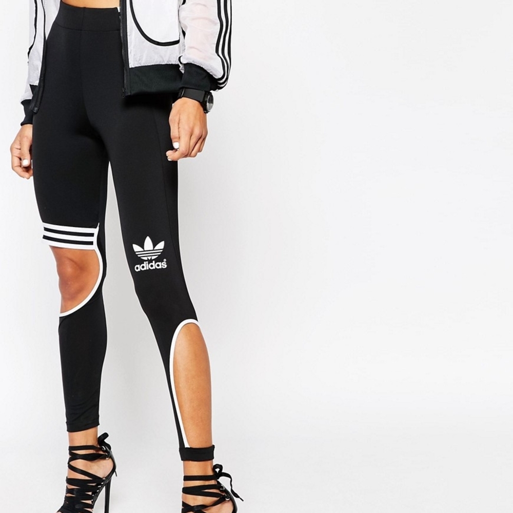 Adidas Black and White Leggings with Trefoil Logo and Stripes